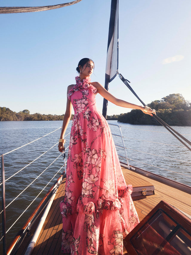 leo lin pink dress Isabelle Ruffled Halterneck Maxi Dress