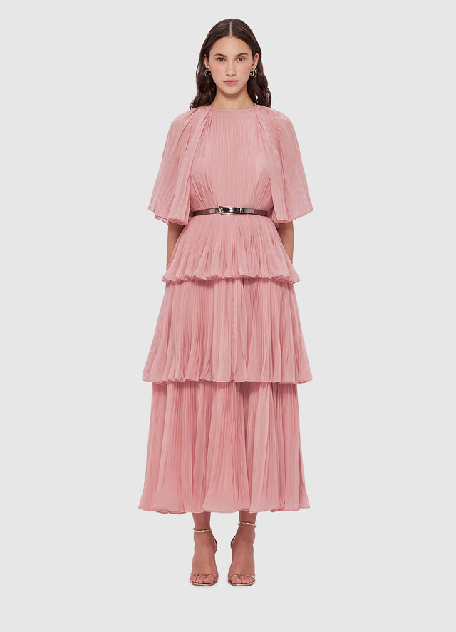 Exclusive Leo Lin Adele Tiered Midi Dress in Dusty Pink