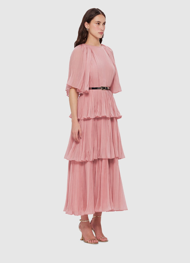 Exclusive Leo Lin Adele Tiered Midi Dress in Dusty Pink