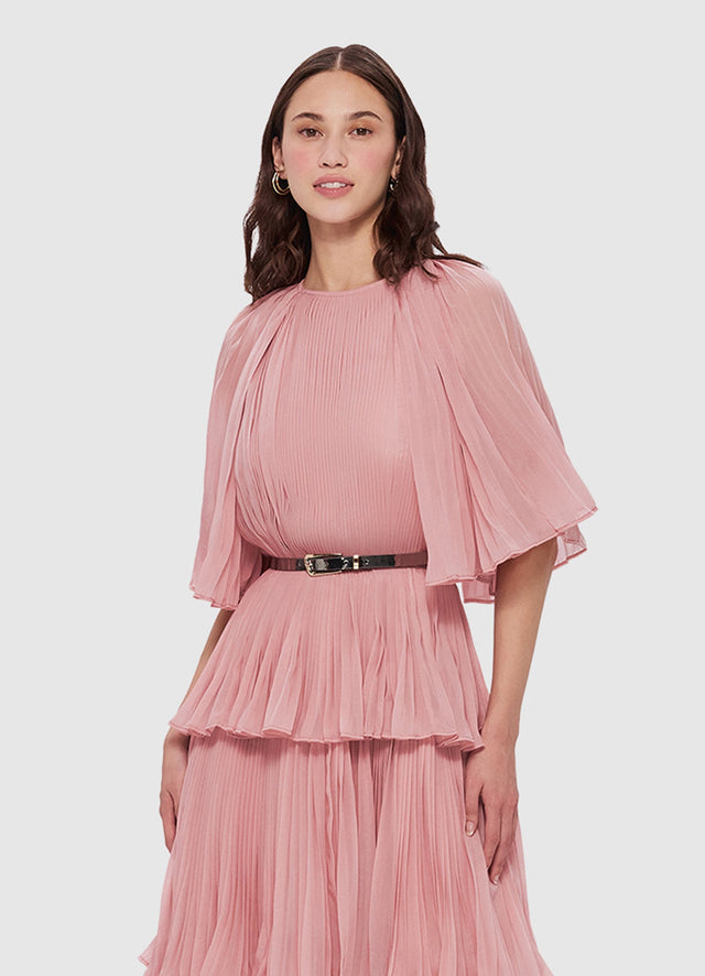 Exclusive Leo Lin Adele Tiered Midi Dress in Dusty Pink