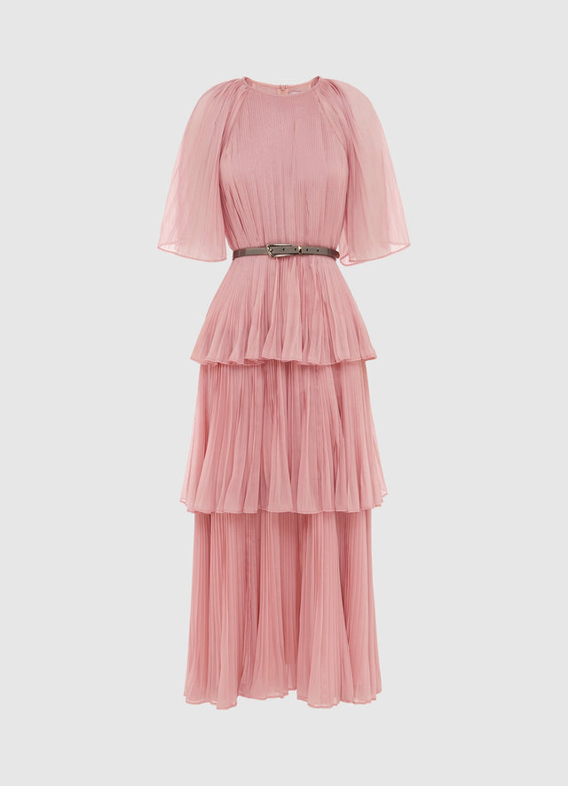 Exclusive Leo Lin Adele Tiered Midi Dress in Dusty Pink