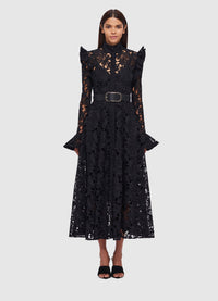 Exclusive Leo Lin Aliyah Lace Butterfly Sleeve Midi Dress in Ebony
