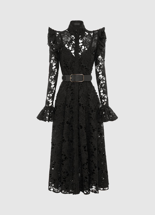 Exclusive Leo Lin Aliyah Lace Butterfly Sleeve Midi Dress in Ebony