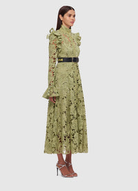 Exclusive Leo Lin Aliyah Lace Butterfly Sleeve Midi Dress in Olive