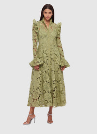 Exclusive Leo Lin Aliyah Lace Butterfly Sleeve Midi Dress in Olive