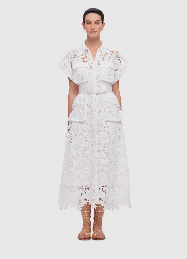 Exclusive Leo Lin Audrey Lace Pocket Shirt Midi Dress in Snow