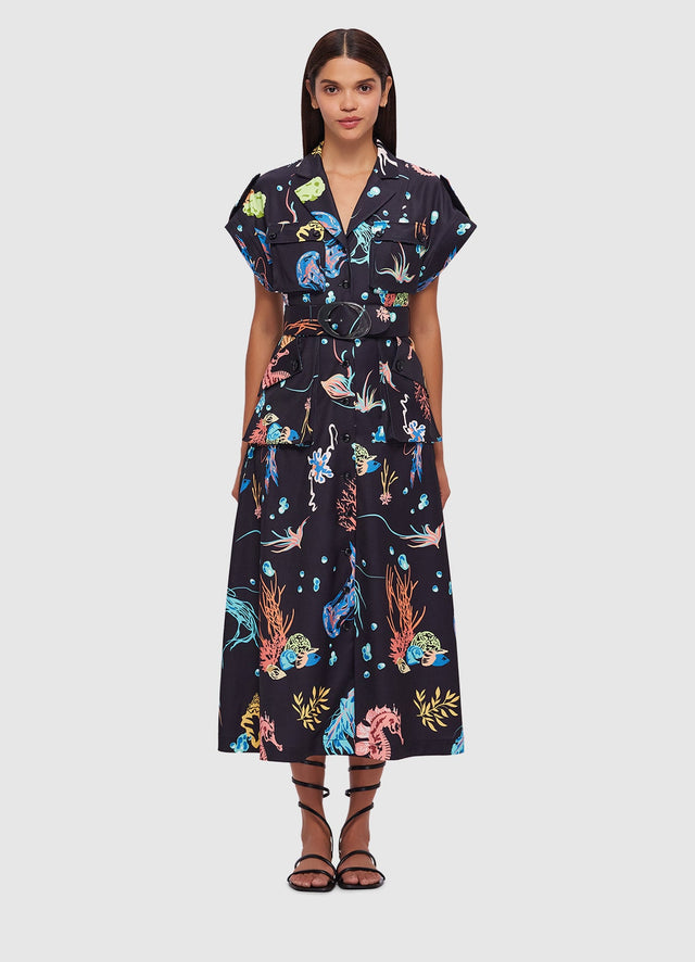 Exclusive Leo Lin Audrey Pocket Shirt Midi Dress in Twilight Print in Black