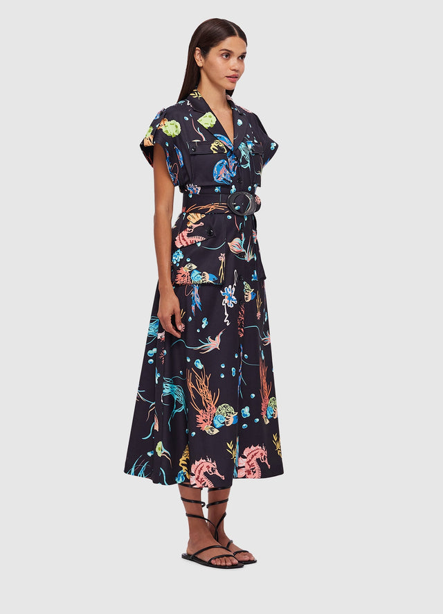 Exclusive Leo Lin Audrey Pocket Shirt Midi Dress in Twilight Print in Black