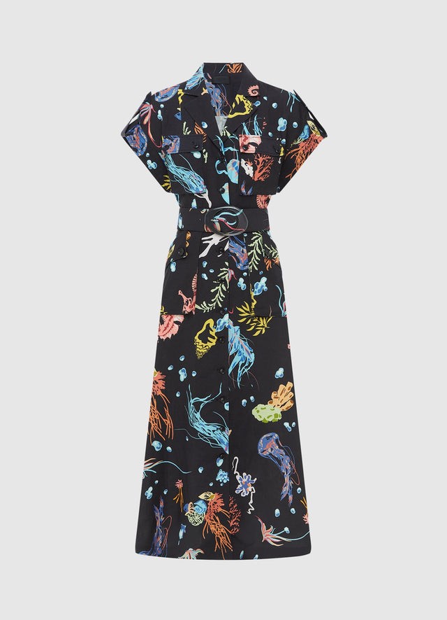 Exclusive Leo Lin Audrey Pocket Shirt Midi Dress in Twilight Print in Black