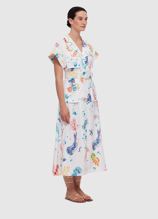 Exclusive Leo Lin Audrey Pocket Shirt Midi Dress in Twilight Print in White