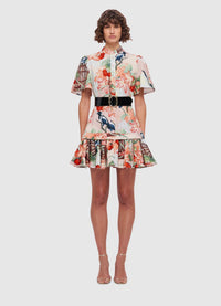 Exclusive Leo Lin Beatrice Short Sleeve Mini Dress in Azalea Print in Fortune