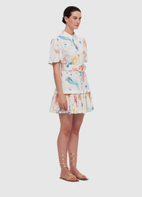 Exclusive Leo Lin Beatrice Short Sleeve Mini Dress in Twilight Print in White
