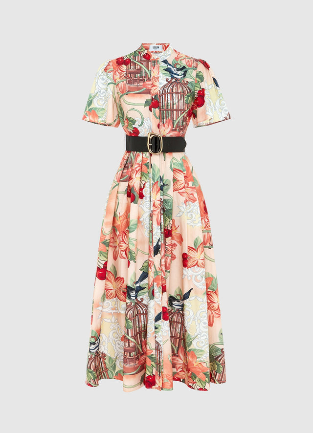 Exclusive Leo Lin Bianca Short Sleeve Midi Dress in Azalea Print in Fortune