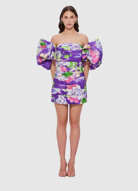 Exclusive Leo Lin Brenda Puffy Sleeve Mini Dress in Swallow Print in Serenity
