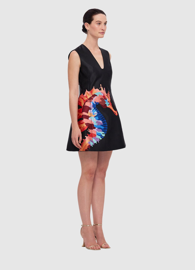 Exclusive Leo Lin Briana V Neck Embroidery Mini Dress in Twilight Print in Black 