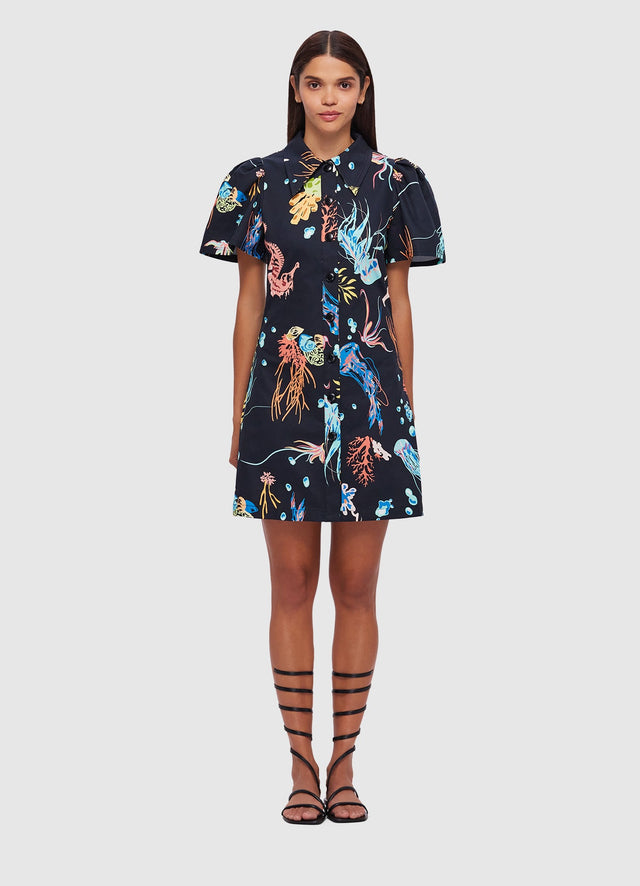 Exclusive Leo Lin Brooke Shirt Sleeve Mini Dress in Twilight Print in Black 