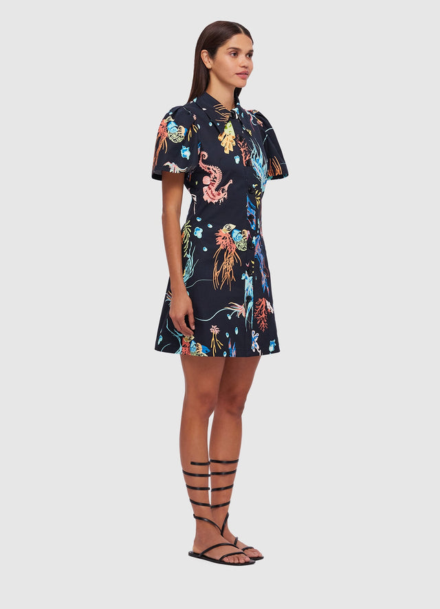 Exclusive Leo Lin Brooke Shirt Sleeve Mini Dress in Twilight Print in Black 