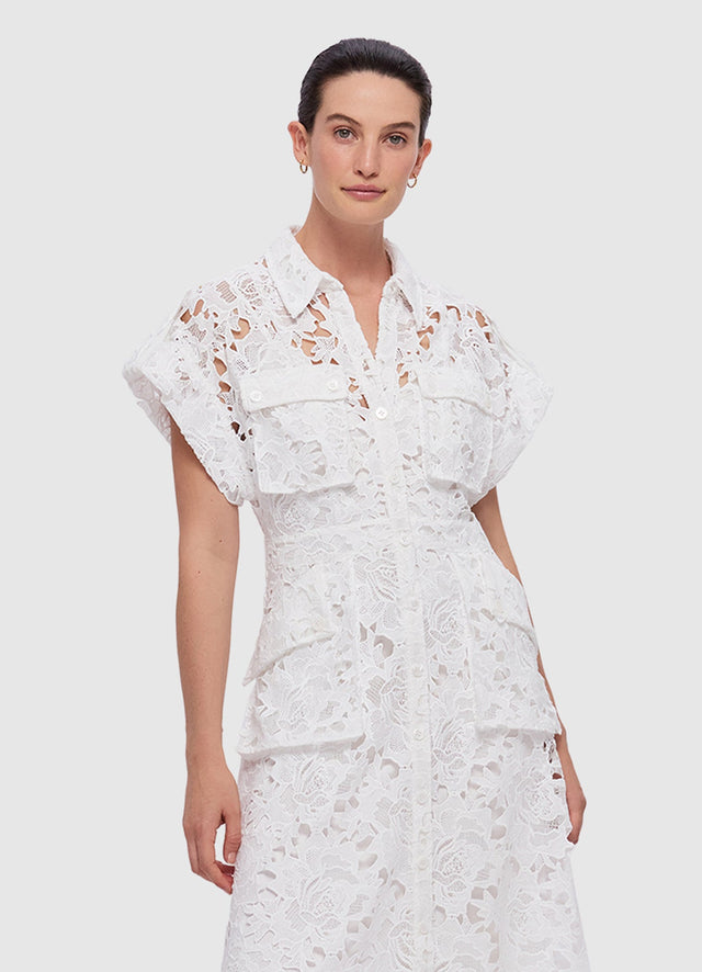 Exclusive Leo Lin Audrey Lace Pocket Shirt Midi Dress in Snow