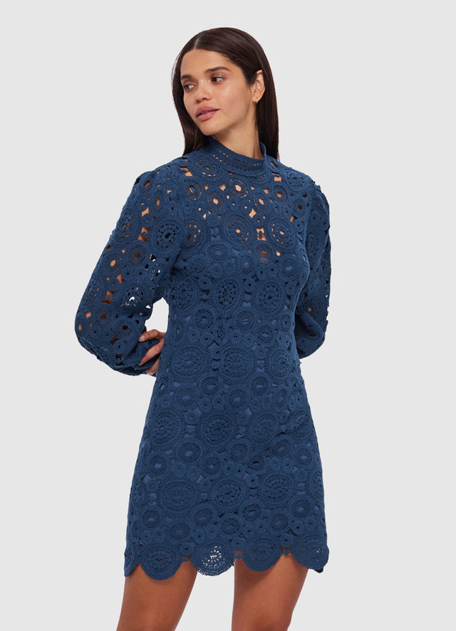 Exclusive Leo Lin Daisy Crochet Long Sleeve Mini Dress in Navy