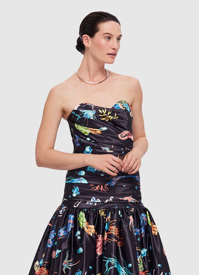 Exclusive LEO LIN Delphine Bustier Midi Dress in Twilight Print in Black 