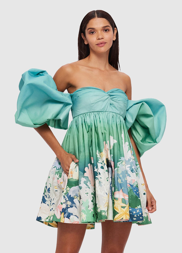 Exclusive Eleanor Puff Sleeve Mini Dress in Neptune Print in Seagrass from LEO LIN