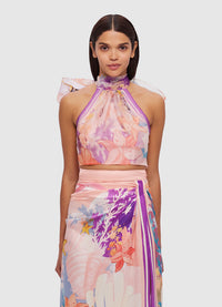 Exclusive Leo Lin Evie Halter Bow Tie Top in Neptune Print in Coral 