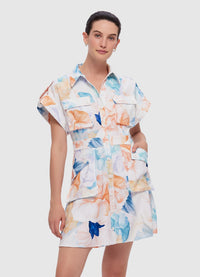 Exclusive Leo Lin Frankie Pocket Shirt Mini Dress in Rosebud Print in Cream