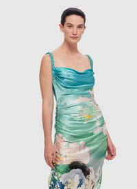 Exclusive Leo Lin Rachel Cowl Neck Slip Dress in Neptune Print in Seagrass