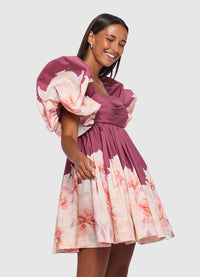Eloise Puff Sleeve Mini Dress - Orient Print in Hibiscus