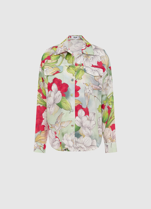 Exclusive Leo Lin Savannah Silk Blouse in Swallow Print in Tranquility