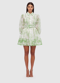 Cassandra Belted Mini Dress - Harmony Print in Celadon
