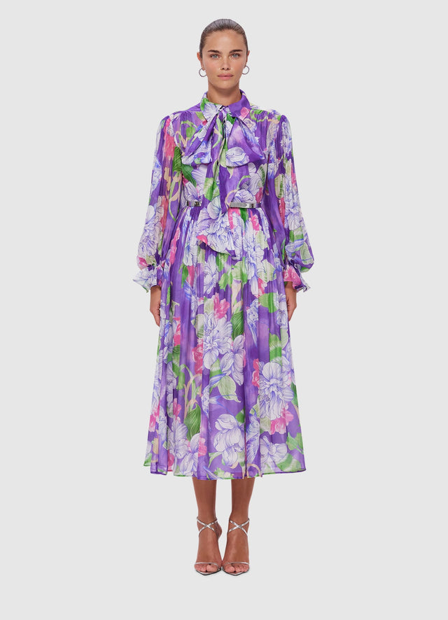 Exclusive Leo Lin Cassie Tie Neck Midi Dress in Swallow Print in Serenity