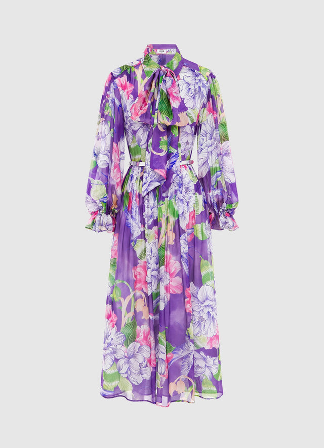 Exclusive Leo Lin Cassie Tie Neck Midi Dress in Swallow Print in Serenity