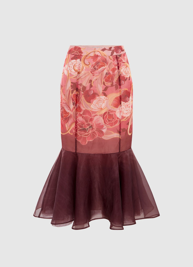 Exclusive Leo Lin Ciara Panelled Fishtail Skirt in Adorn Print in Passion