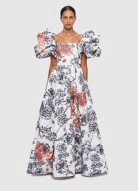 Clara Embellished Puff Sleeve Tie Back Gown - Harmony Print in Ming