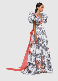 Clara Embellished Puff Sleeve Tie Back Gown - Harmony Print in Ming