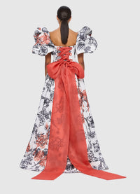 Clara Embellished Puff Sleeve Tie Back Gown - Harmony Print in Ming