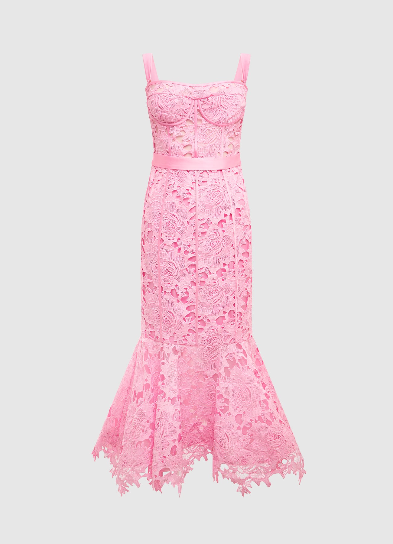 Clover Lace Bustier Ruffle Midi Dress - Candy Pink | LEO LIN