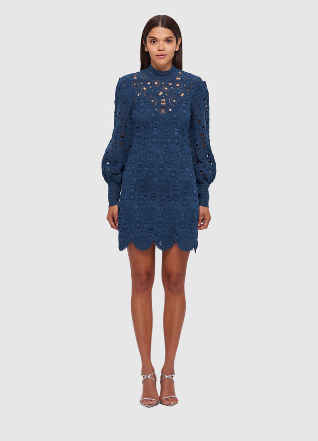 Exclusive Leo Lin Daisy Crochet Long Sleeve Mini Dress in Navy