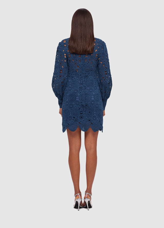 Exclusive Leo Lin Daisy Crochet Long Sleeve Mini Dress in Navy