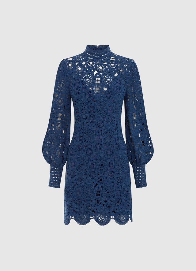 Exclusive Leo Lin Daisy Crochet Long Sleeve Mini Dress in Navy