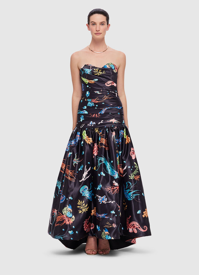 Exclusive LEO LIN Delphine Bustier Midi Dress in Twilight Print in Black 