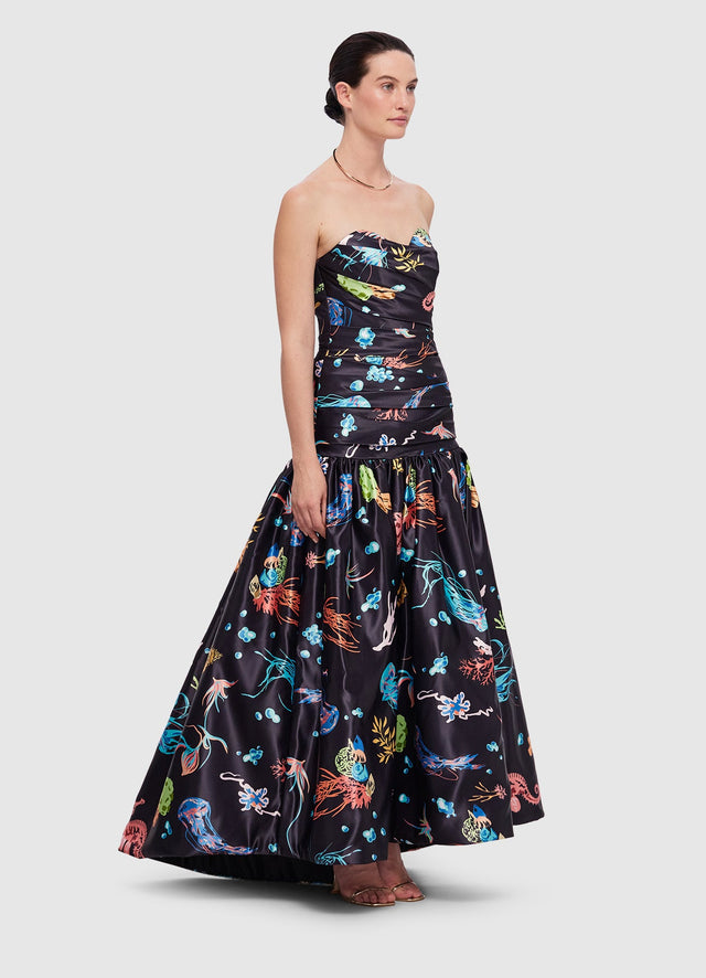 Exclusive LEO LIN Delphine Bustier Midi Dress in Twilight Print in Black 