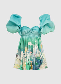 Exclusive Leo Lin Eleanor Puff Sleeve Mini Dress in Neptune Print in Seagrass