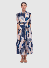 Exclusive Leo Lin Ellie Bishop Sleeve Midi Dress in Rosebud Print in Navy