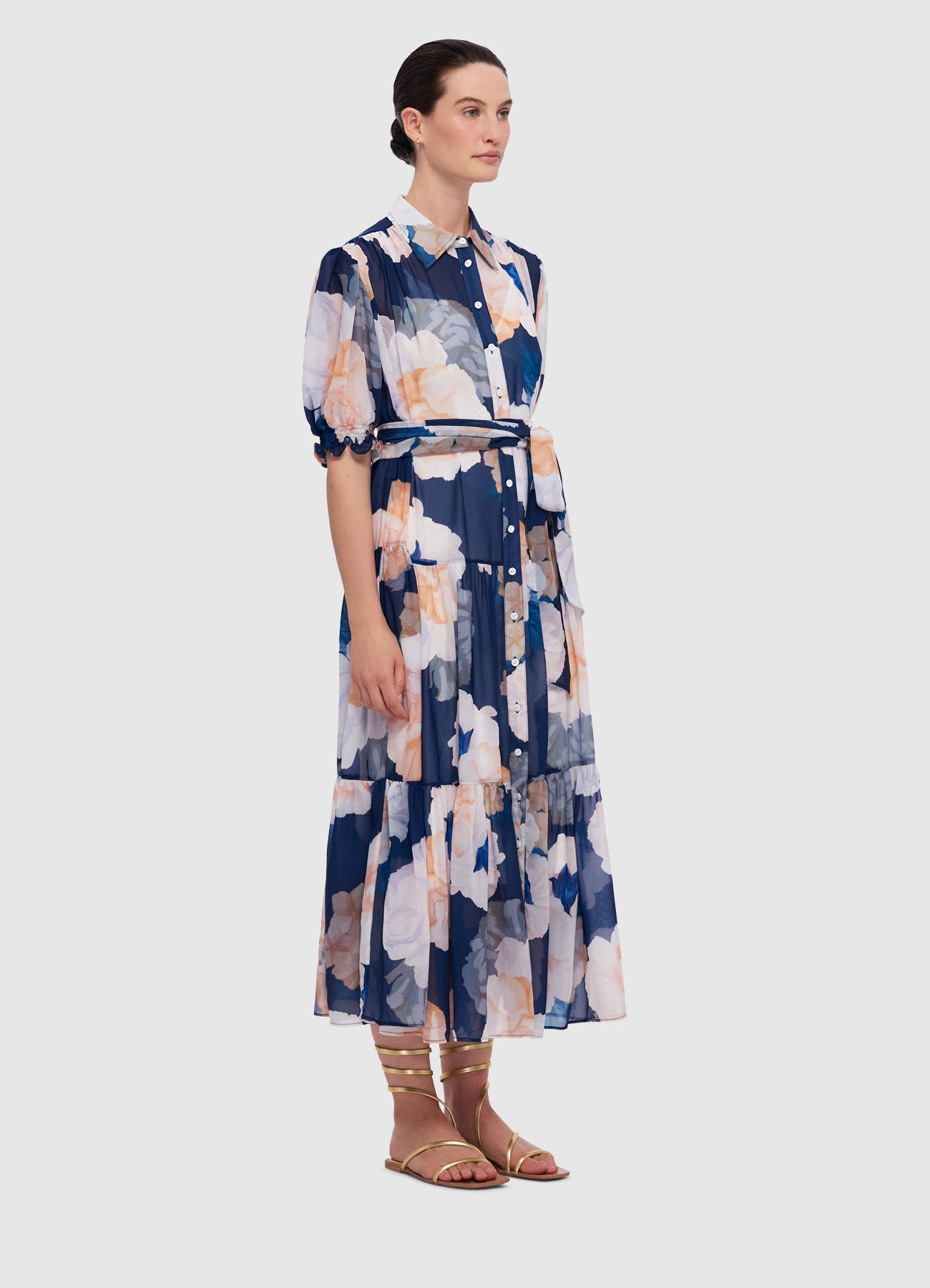 Ellie Bishop Sleeve Midi Dress - Rosebud Print in Navy | LEO LIN ...