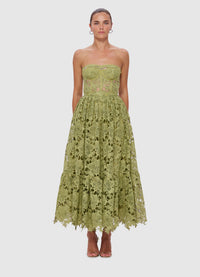 Exclusive Leo Lin Emilia Lace Bustier Midi Dress in Olive