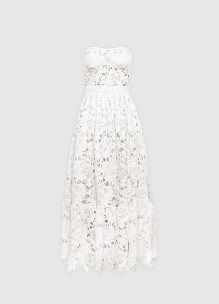 Exclusive Leo Lin Emilia Lace Bustier Midi Dress in Snow