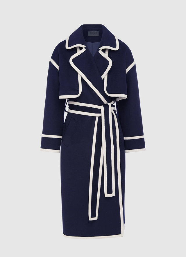 3 in 1 Erin Contrast Stitch Wool Blend Coat - Navy