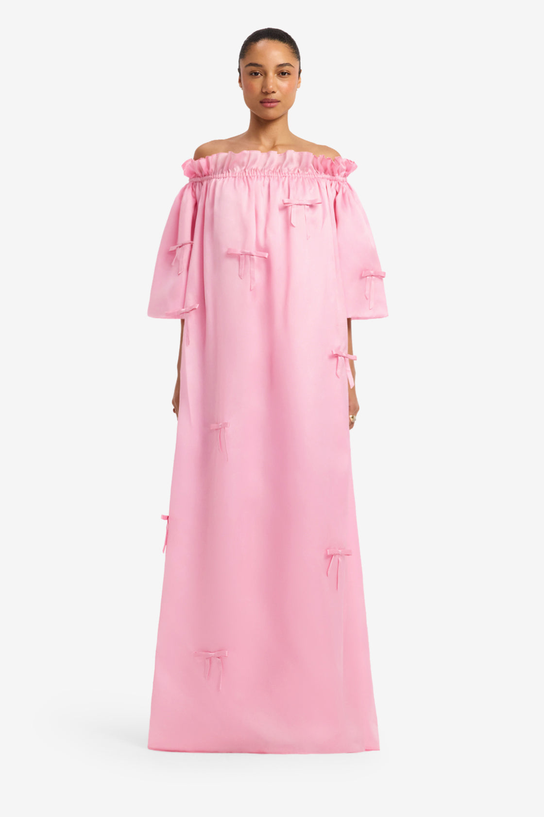 Liana Bow Off Shoulder Maxi Dress - Pink Dress Maxi